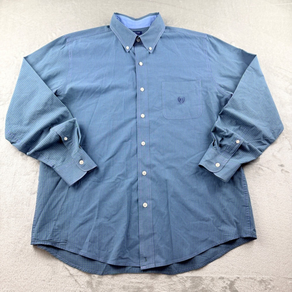Chaps Men's Large Blue Green Micro Check Easy Care Button Down Shirt Long Sleeve
